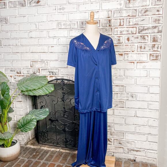 Vintage 70s Blue Floral Lace Detail Short Sleeve Button Down Lightweight Set S - Picture 1 of 8